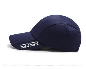 Detail view of quick-dry navy blue baseball cap showing breathable mesh and SDSR logo