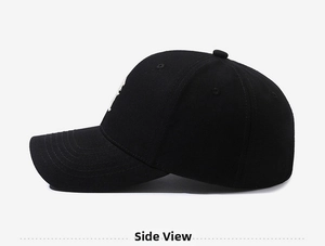 Detailed side view of black cotton baseball cap with white embroidered logo design