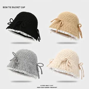 Cappello Pescatore In Maglia Da Donna Acrilico Uncinetto Pizzo Fiocco Caldo Stile Giapponese Morbido Pieghevole