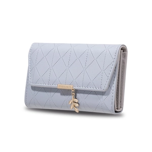 Long light blue PU leather wallet with diamond lattice pattern and metal leaf pendant