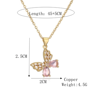 Detail of pink crystal butterfly pendant with technical dimensions and copper specs