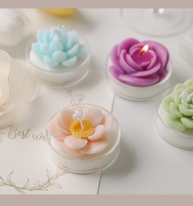 Close-up of succulent and rose shaped scented tealight candles with a soft flame