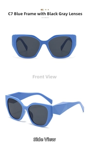 Blue cat eye sunglasses with grey lenses shown from front and side view on white background