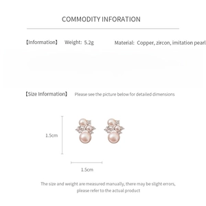 Detailed size and material info for floral pearl earrings with zircon and copper finish