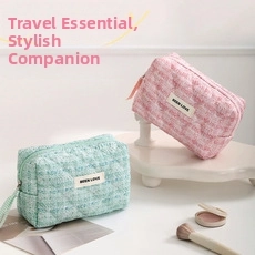 Macro detail of quilted makeup bag with BEEN LOVE label in pink and mint green