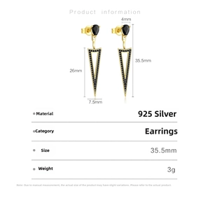 Detail view of S925 silver geometric triangle earrings with black stones and 35.5mm length