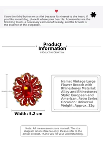 Detail view of red crystal floral brooch with dimensions 6.0x5.2cm and rhinestone inlay