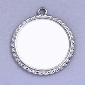 Detailed macro view of a silver round pendant tray with elegant twisted rope edge design