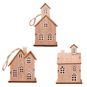 Three LED wooden Christmas house ornaments with white snowy roofs and hanging ropes