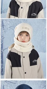 Detail of warm beige fleece winter hat and neck warmer set for kids outdoor activities