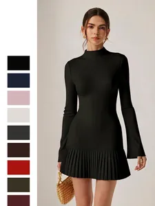 Knitted Long Sleeve Mini Dress Mock Neck Pleated Hem Solid Color Slim Fit Elegant Commute Casual For Women