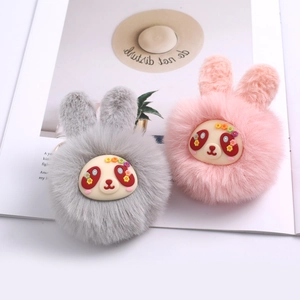 Cute plush rabbit ear ball pendant keychain with panda face in pink and gray colors