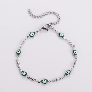 Silver stainless steel bracelet with green and white Hamsa Hand charms and lobster clasp