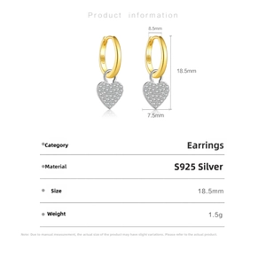 Detail view of S925 silver heart earrings with dimensions 18.5mm height and 7.5mm width