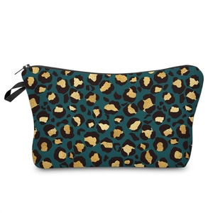 3D leopard print toiletry bag in dark teal with gold foil accents and black zipper