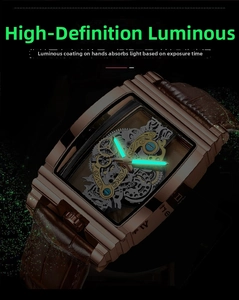 Macro shot of luminous hands and rose gold skeleton dial on a leather mechanical watch