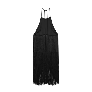 Women's black velvet halter neck top featuring long dynamic tassels in flat lay style