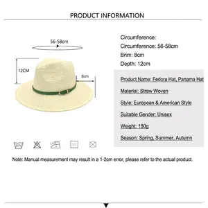 Straw fedora sun hat size guide showing 56-58cm circumference and 8cm wide brim dimensions