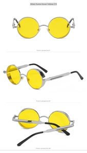 Detail view of silver metal punk sunglasses with yellow lenses and spring temples