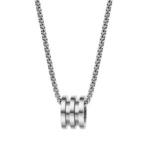 Polished silver titanium steel necklace with triple-ring pendant on white background