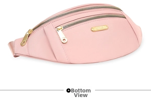 Detailed bottom view of pink fanny pack showing multi-layer zippers and gold accents