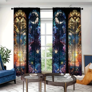 Detail of sun and moon stained glass pattern on thick blackout polyester curtains