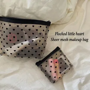 Heart Print Flocked Mesh Makeup Bag Portable Travel Cosmetic Organizer Pouch Breathable Zipper Storage