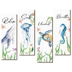 Set of 4 nautical ocean wall art featuring watercolor whale, turtle, and seahorse