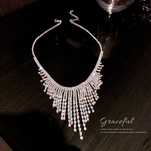 Elegant silver tassel fringe necklace with sparkling crystals in a waterfall design