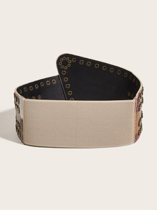 Beige elastic corset belt with brown embossed leather panels and metallic bronze rivets