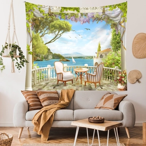 Detail of Mediterranean landscape wall tapestry featuring sea view over a cozy sofa decor
