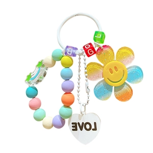 Colorful sunflower beaded keychain with rainbow beads and heart pendant for bags