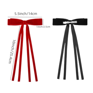 Velvet long ribbon bow hair clips in red and black with size measurement details