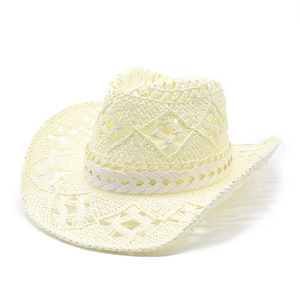 Breathable cream hollow-knit straw cowboy hat with woven leather band for sun protection
