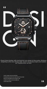 Detail of square business watch with black matte case and orange stitched leather strap