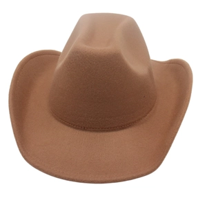 Classic brown felt western cowboy hat with wide brim and dented crown on white background