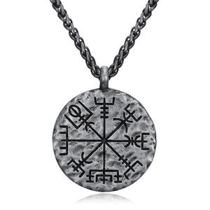 Nordic Viking Vegvisir pendant necklace in vintage stainless steel with heavy braided chain
