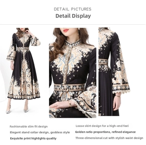 Detail view of lace-trimmed cuffs and stand collar on vintage paisley print dress