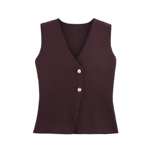 Close-up of a dark maroon V-neck knit vest with two golden buttons on a white background