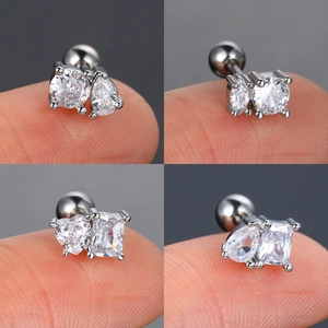 Minimalist silver geometric zirconia piercing stud set with screw ball back closure