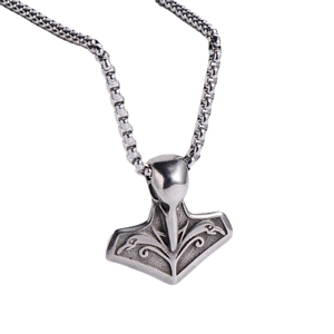 Vintage Thor's hammer necklace with raven head totem in retro silver stainless steel