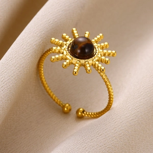 Bague vintage en acier inoxydable avec pierre naturelle ambrée en finition dorée