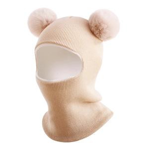 Close-up of knit baby balaclava with dual pom-poms and warm white fleece lining