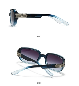Side and back view of blue gradient pilot sunglasses with metallic temple accents
