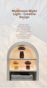 Close-up of wood mushroom night light featuring touch sensor and warm LED lighting detail