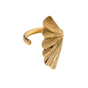 18K gold plated stainless steel open ring with artistic ginkgo leaf design on white background