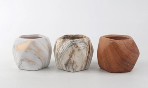 Detail of three ceramic succulent pots with marble and wood grain textures on white backdrop
