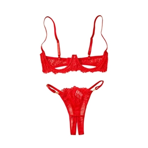 Red floral lace sexy lingerie set featuring open cup bra and thong with metal rings