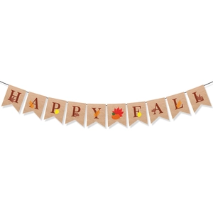 Detailed view of burlap HAPPY FALL banner with autumn leaves and pumpkins on white background