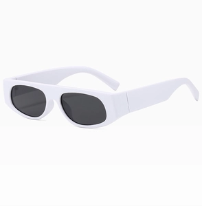 Detail view of white rectangular sunglasses featuring black lenses and premium thick frames
